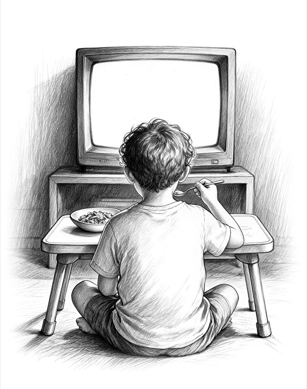 Pencil drawing of a child eating in front of a television