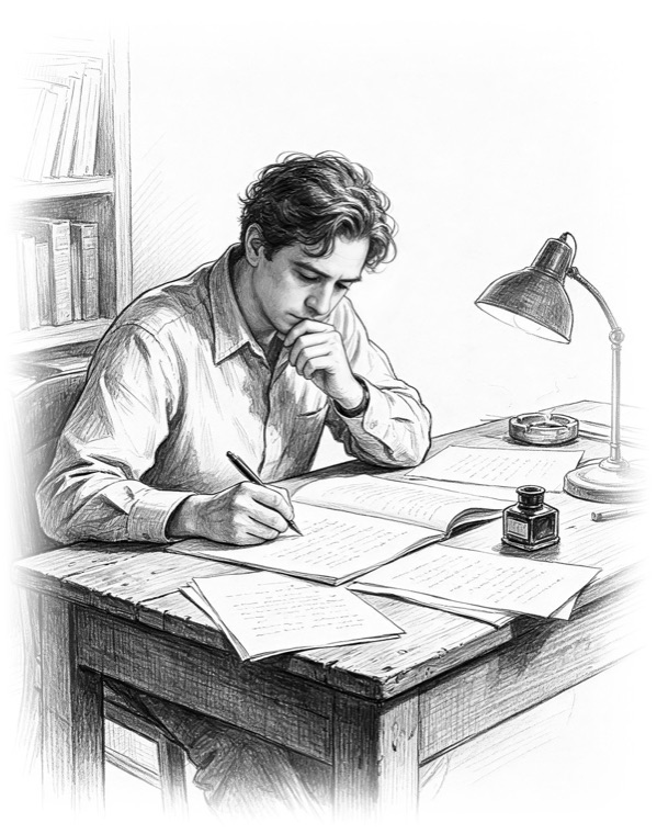 Pencil drawing of a man writing at a desk under a lamp